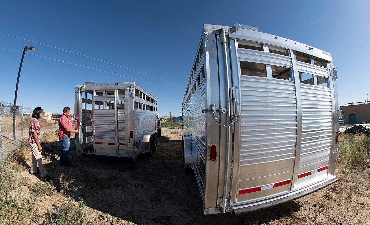Two livestock trailers and two adults at Navajo Technical University in Crownpoint, New Mexico