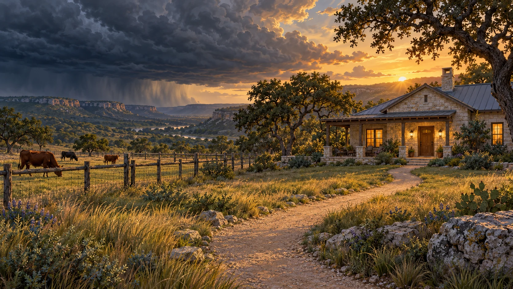 Illustration of a storm approaching a ranch